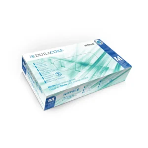 Boîte de 100 gants nitrile E-SERIES médium, emballage blanc, usage sanitaire et entretien.