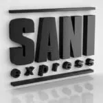 Logo SANI express noir, lettres 3D superposées, idéal pour produits sanitaires, entretien ou emballages écologiques.