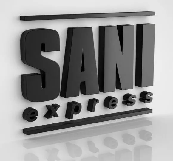 Logo texte 3D noir "SANI Express", solutions sanitaires écologiques, hygiène, entretien et nettoyage professionnels.
