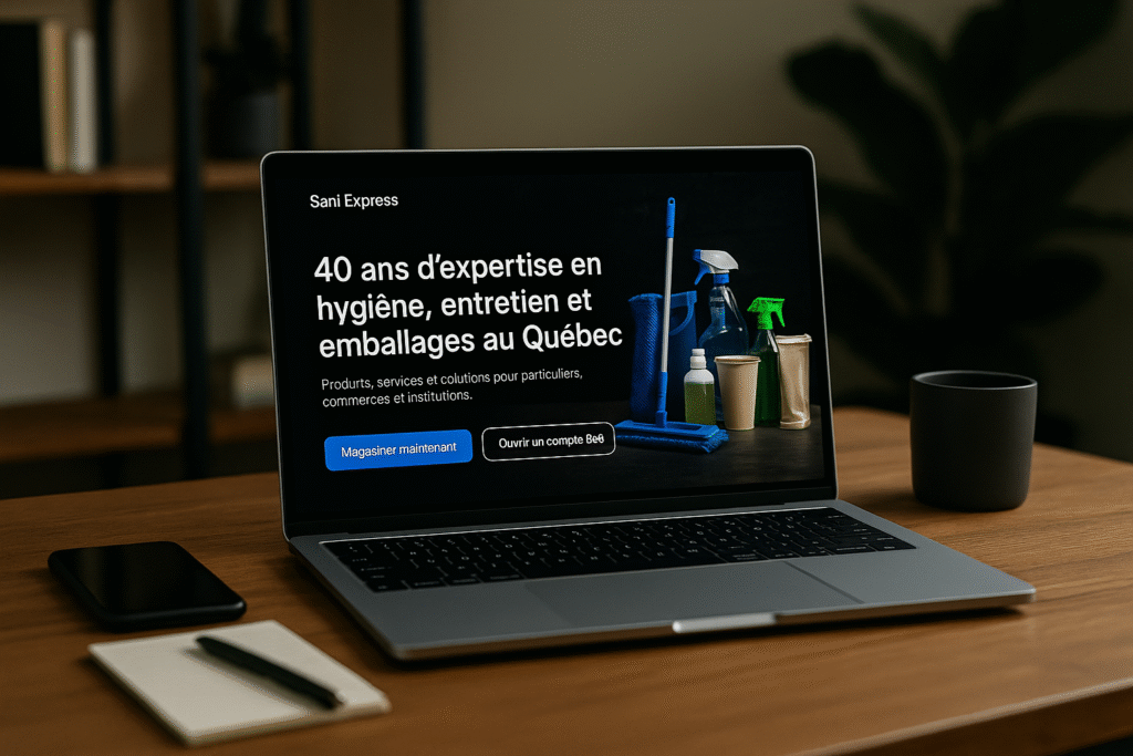 Site Sani Express sur un portable, expertise en entretien et produits sanitaires au Québec, bureau avec carnet et tasse.