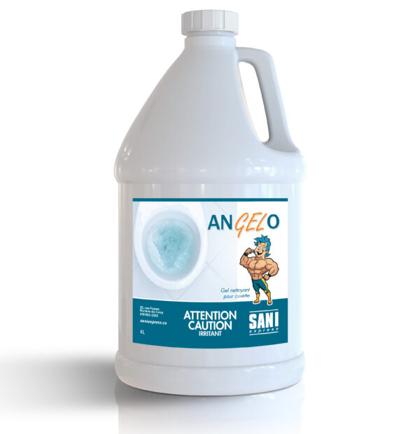 Un grand bidon blanc de 4 litres étiqueté ANGELO avec un homme musclé en dessin animé tenant une serpillière, une image d'une cuvette de toilettes propre et des avertissements tels que ATTENTION CAUTION IRRITANT. La marque Sani apparaît en bas à droite.