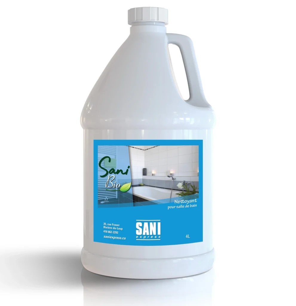 Un bidon en plastique blanc de 4 litres de nettoyant pour salle de bains Sani Bio avec une étiquette bleue comportant une image d'une salle de bains moderne et des détails sur le produit en français.