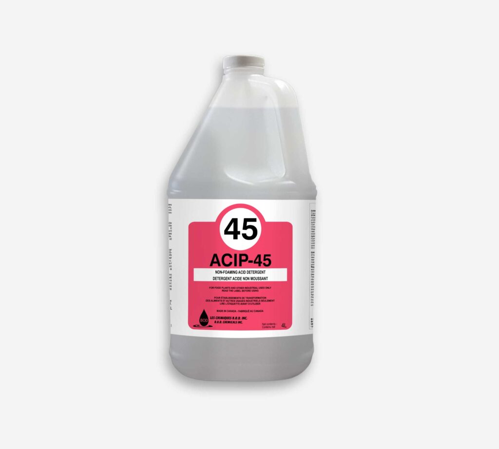 ACIP-45 détergent acide non moussant 4L bouteille grise.