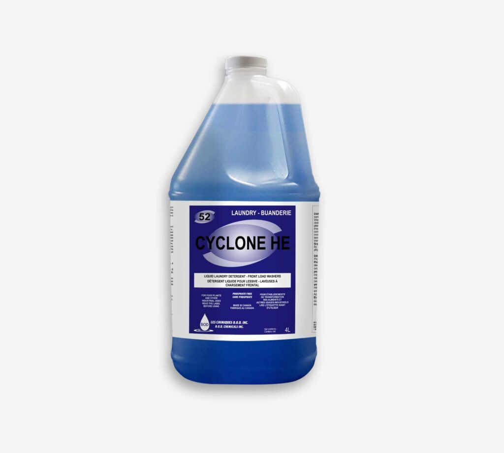 Détergent lessive HE Cyclone 4L contenant bleu pour laveuse avant.