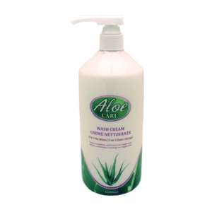 Flacon pompe 1L blanc et vert ALOE CARE, crème lavante périnéale douce, sans rinçage, pour hygiène sanitaire écologique.