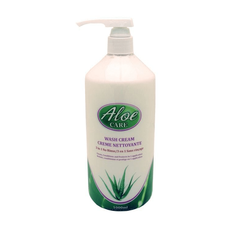 Flacon pompe 1L blanc et vert ALOE CARE, crème lavante périnéale douce, sans rinçage, pour hygiène sanitaire écologique.