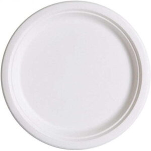 Assiette ronde blanche en bagasse écologique, bord relevé, jetable, hygiénique, idéale pour usage alimentaire sécurisé.