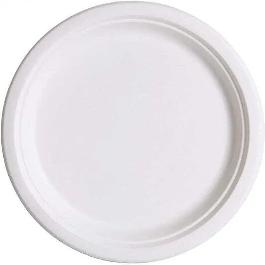 Assiette ronde blanche en bagasse écologique, bord relevé, jetable, hygiénique, idéale pour usage alimentaire sécurisé.
