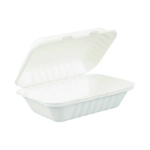 Boîte alimentaire écologique en bagasse blanche, 1 compartiment, ouverte sur fond neutre. Idéale emballage, usage sanitaire.