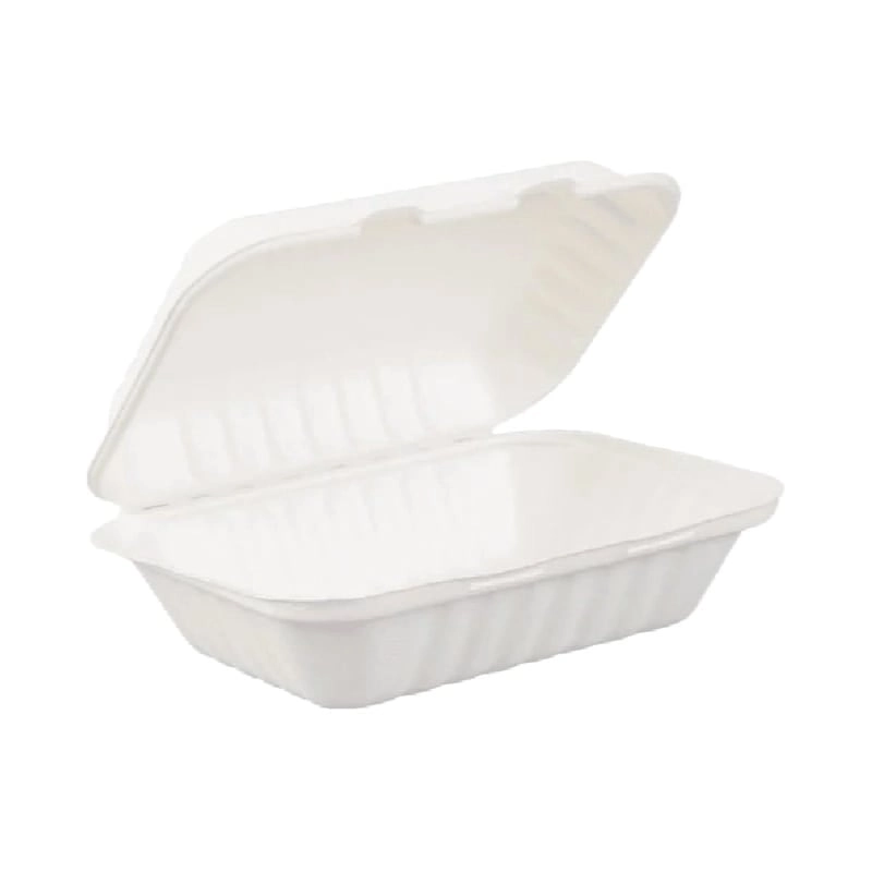 Boîte alimentaire écologique en bagasse blanche, 1 compartiment, ouverte sur fond neutre. Idéale emballage, usage sanitaire.
