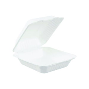 Boîte alimentaire compostable 8x8 pouces en bagasse, blanche, pratique et hygiénique pour emballages écologiques.