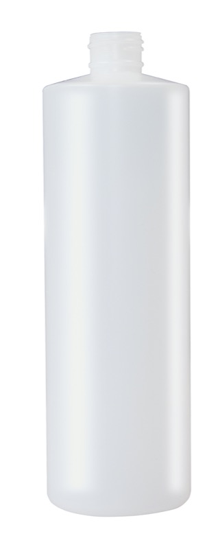 Bouteille cylindrique transparente 1L pour produits sanitaires.