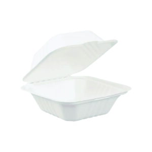 Contenant à emporter écologique en bagasse, blanc, rectangulaire 6x6, ouvert, hygiénique et compostable.