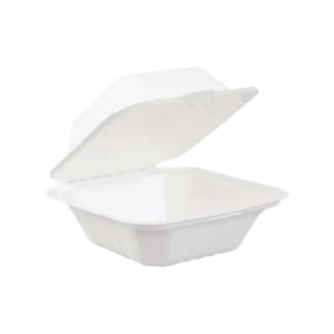 Contenant à emporter écologique en bagasse, blanc, rectangulaire 6x6, ouvert, hygiénique et compostable.