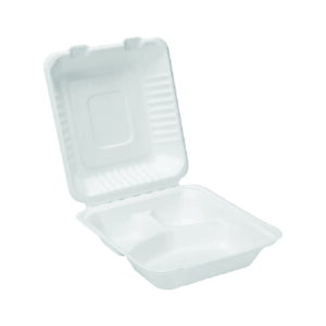 Emballage alimentaire écologique en fibre de bagasse, trois compartiments, avec couvercle, hygiénique et compostable.
