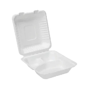 Emballage alimentaire écologique en fibre de bagasse, trois compartiments, avec couvercle, hygiénique et compostable.