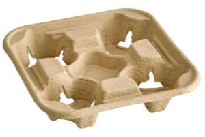 Porte-gobelets 4 verres en carton moulé, recyclable, aspect écologique sur fond blanc.