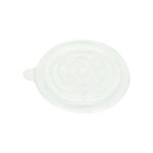 Couvercle plastique transparent rond avec languette, hygiénique et recyclable, adapté bols 32-44OZ, sur fond blanc.