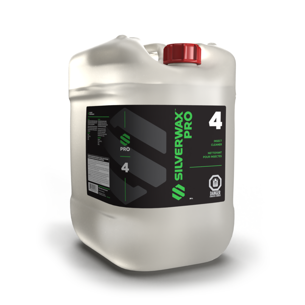 Bidon plastique 20L SILVERWAX PRO 4 Insect Cleaner, entretien professionnel, capuchon rouge, étiquette sécurité.