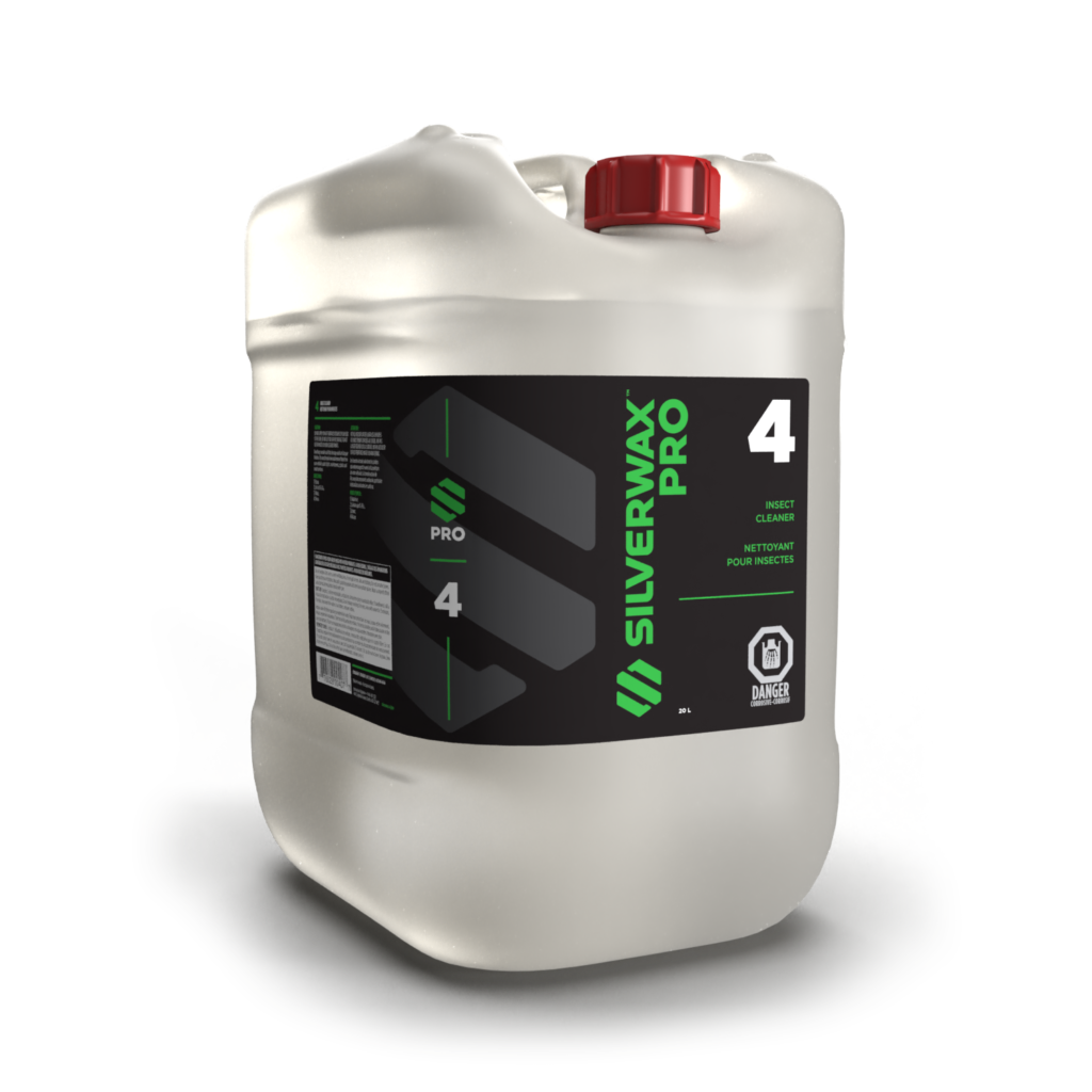 Bidon plastique 20L SILVERWAX PRO 4 Insect Cleaner, entretien professionnel, capuchon rouge, étiquette sécurité.
