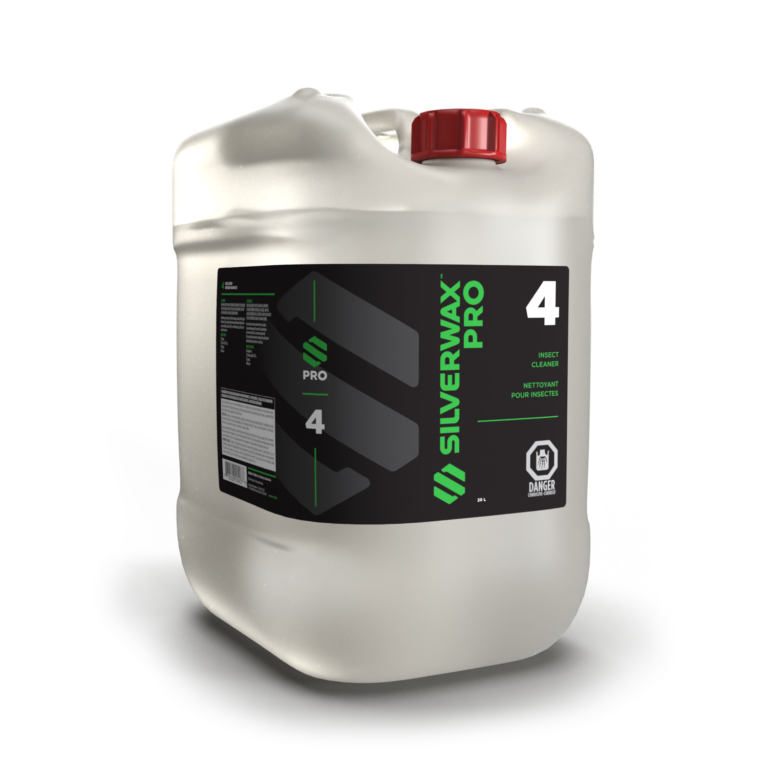 Bidon plastique 20L SILVERWAX PRO 4 Insect Cleaner, entretien professionnel, capuchon rouge, étiquette sécurité.