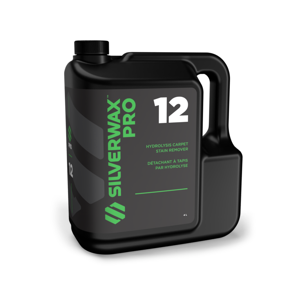 Bidon noir 4L SILVERWAX PRO 12 détachant tapis moquettes, entretien pro, bouchon à vis, poignée robuste.