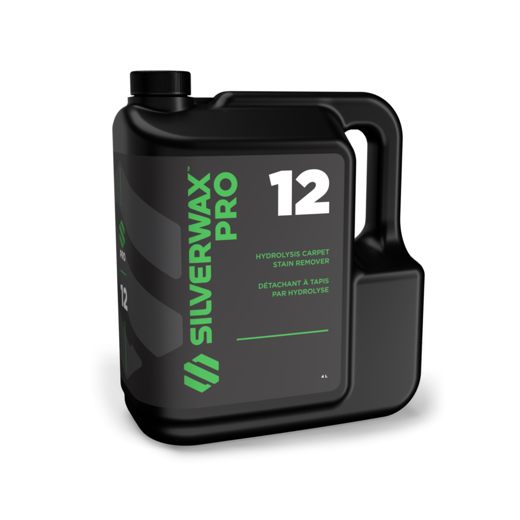 Bidon noir 4L SILVERWAX PRO 12 détachant tapis moquettes, entretien pro, bouchon à vis, poignée robuste.