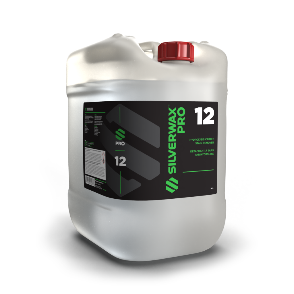 Bidon de 5 gallons Silverwax Pro 12 pour entretien des tapis, emballage plastique translucide, nettoyage professionnel.