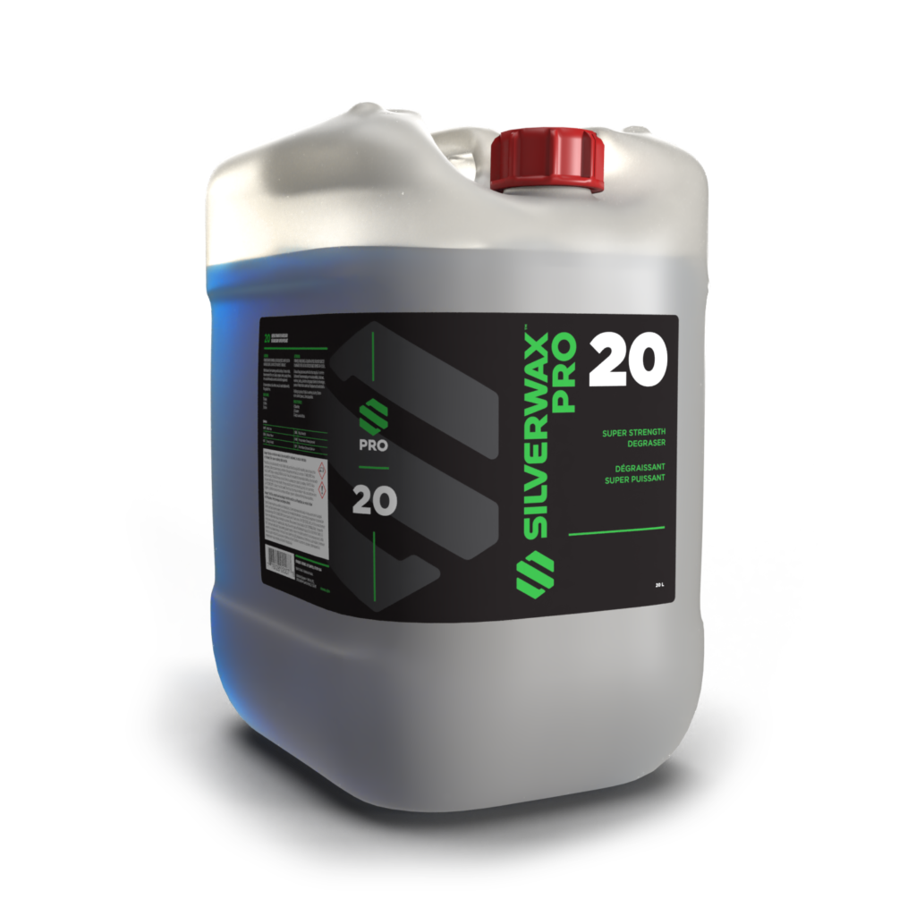 Bidon plastique translucide SILVERWAX PRO 20, super concentré, nettoyage professionnel sanitaire, emballage pratique à bouchon rouge.