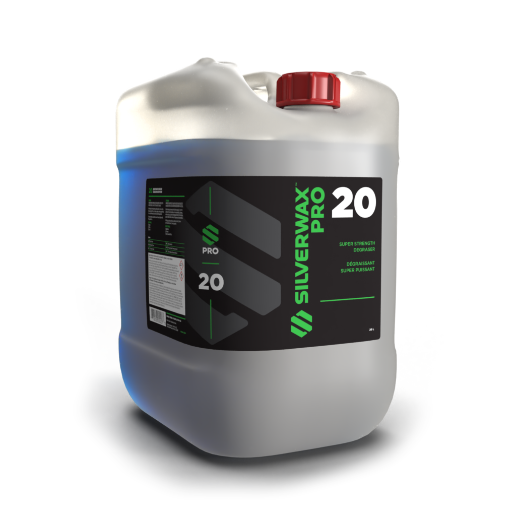 Bidon plastique translucide SILVERWAX PRO 20, super concentré, nettoyage professionnel sanitaire, emballage pratique à bouchon rouge.