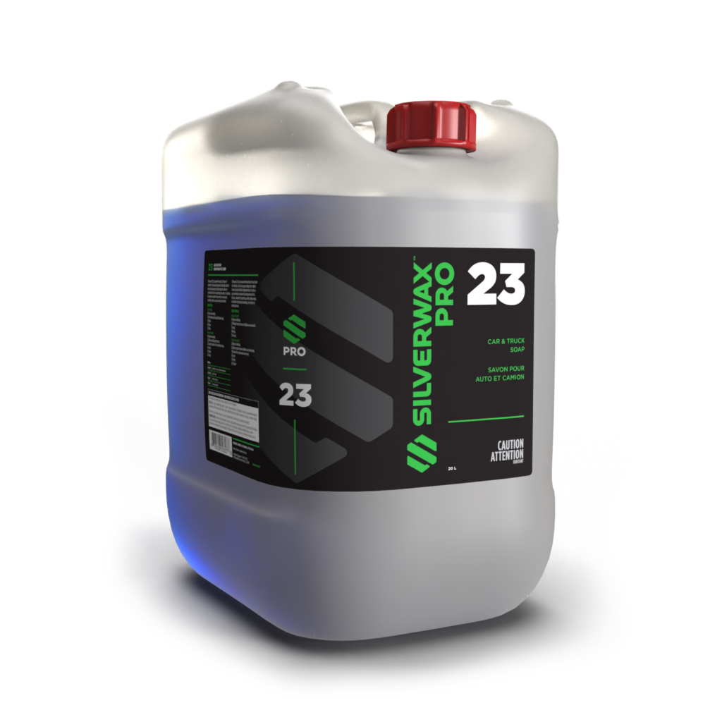 Bidon plastique Silverwax Pro 23, capuchon rouge, pour entretien et nettoyage sanitaires, étiquette noire et verte, écologique.