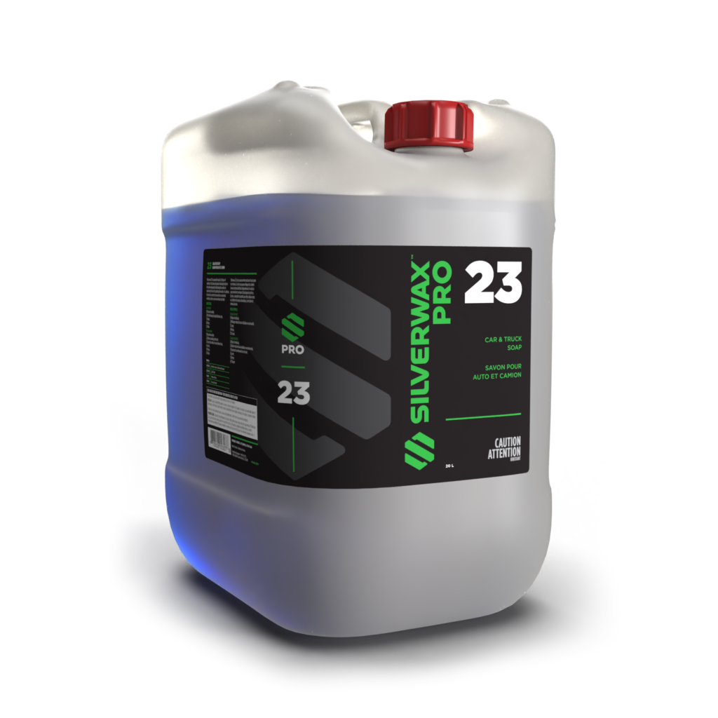 Bidon plastique Silverwax Pro 23, capuchon rouge, pour entretien et nettoyage sanitaires, étiquette noire et verte, écologique.