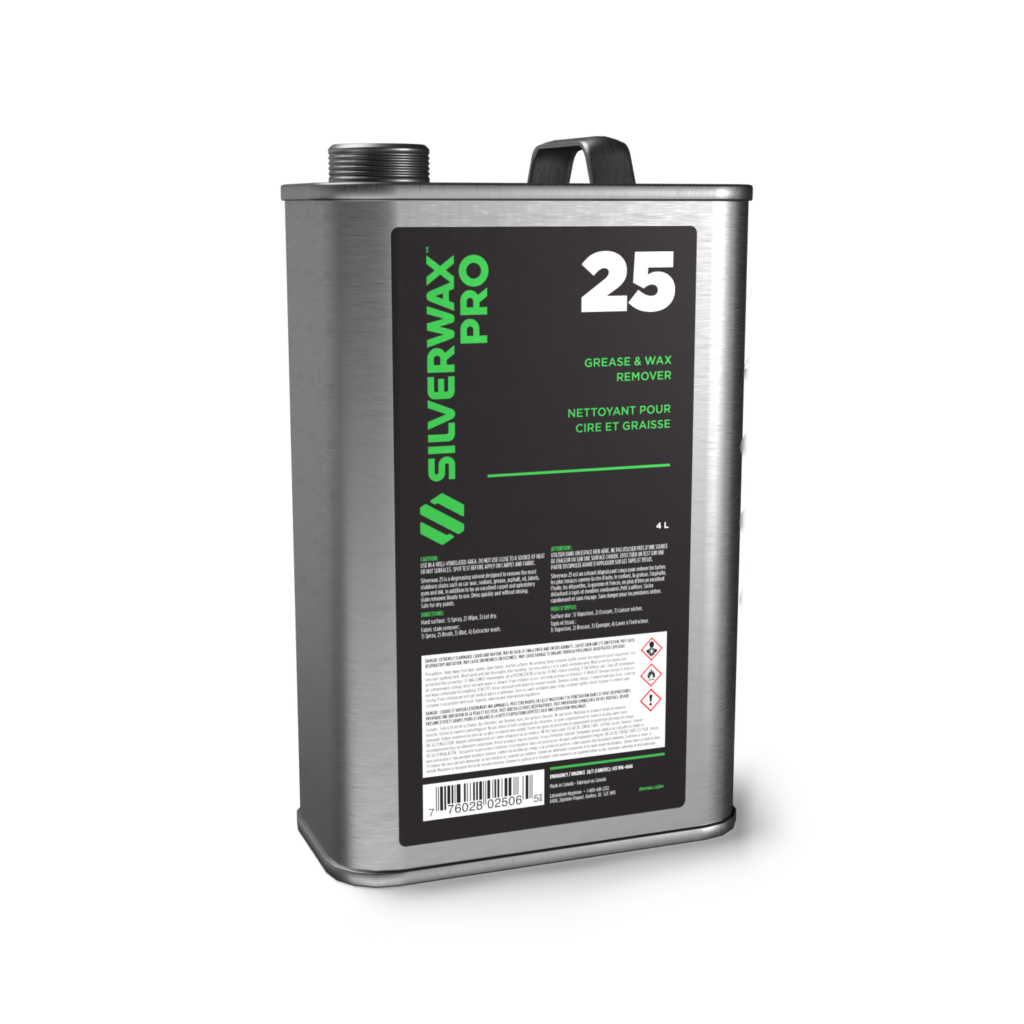 Bidon de 4L SILVERWAX PRO 25 Nettoyant dégraissant, étiquette noire, instructions bilingues, bouchon vissable.