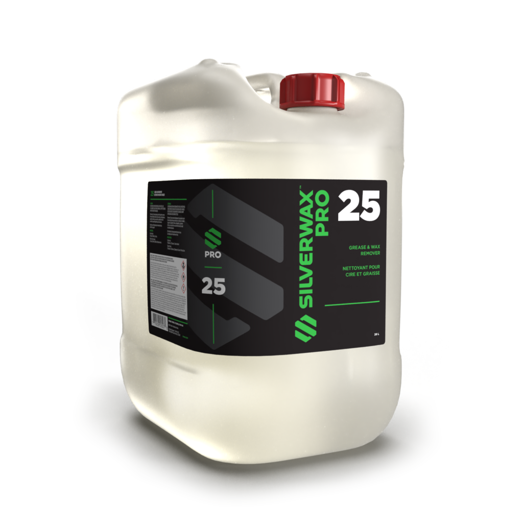 Bidon blanc à bouchon rouge, SILVERWAX PRO 25, nettoyant industriel écoresponsable pour entretien et sanitaires.