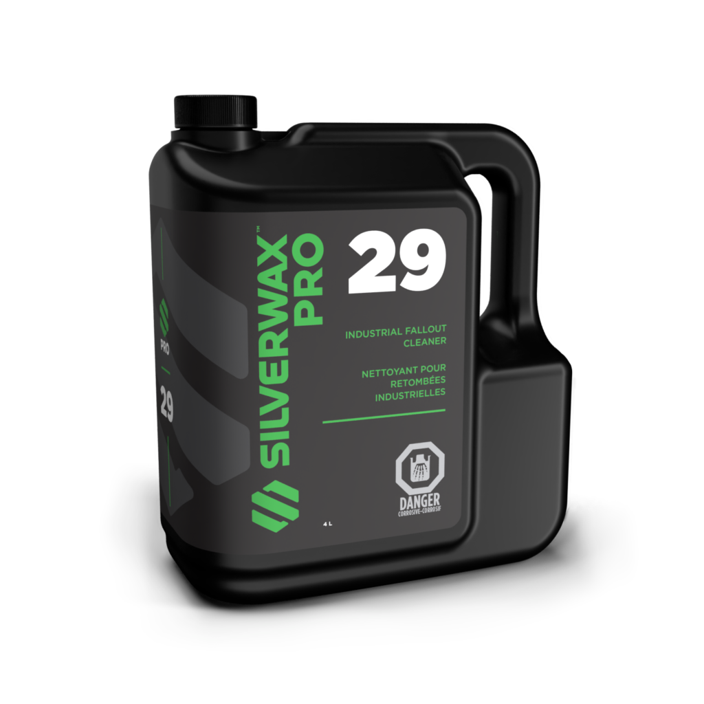 Bidon noir 4L SILVERWAX PRO 29, nettoyant industriel entretien sanitaires, étiquette verte, emballage sécurisé.