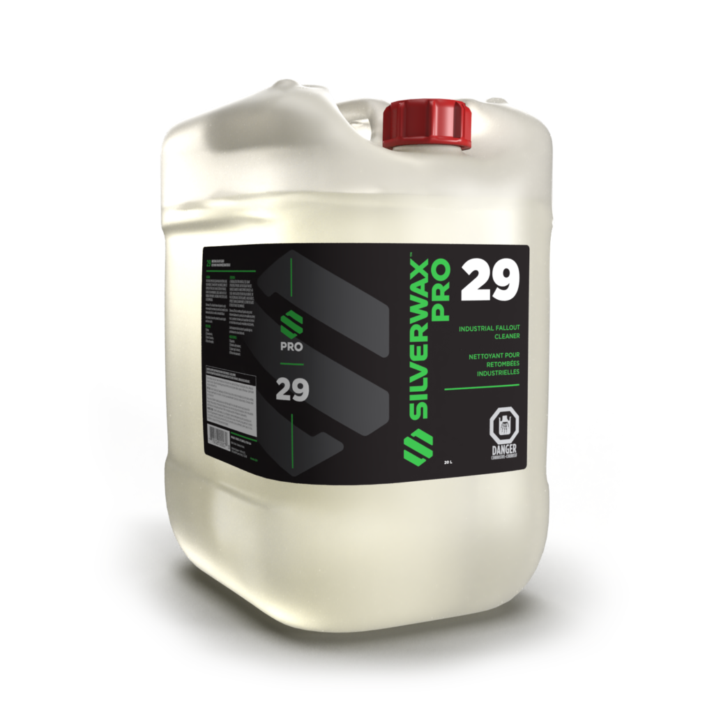 Bidon translucide SILVERWAX PRO 29 nettoyant industriel avec bouchon rouge, idéal entretien et nettoyage sanitaires professionnels.