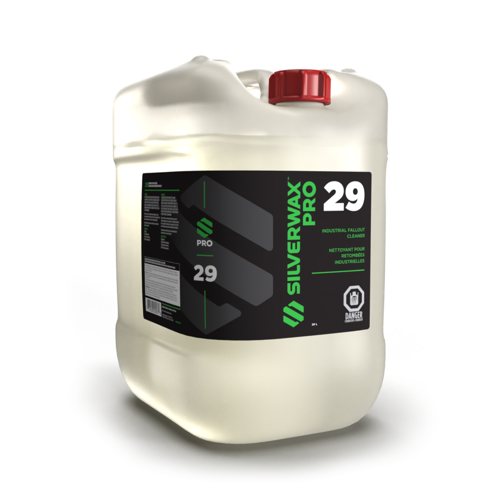 Bidon translucide SILVERWAX PRO 29 nettoyant industriel avec bouchon rouge, idéal entretien et nettoyage sanitaires professionnels.
