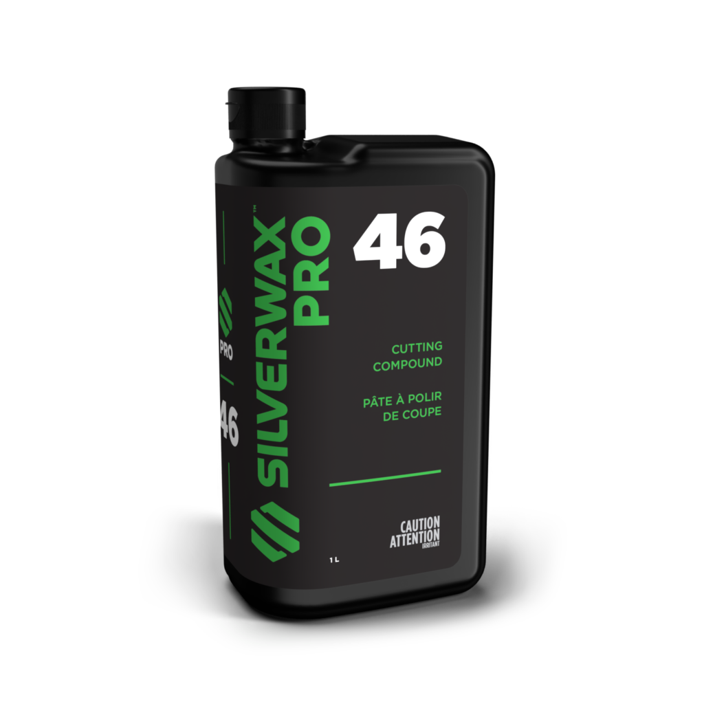 Flacon 1L Silverwax Pro 46, étiquette verte/blanche, consignes sécurité, nettoyage auto, bilingue anglais/français.