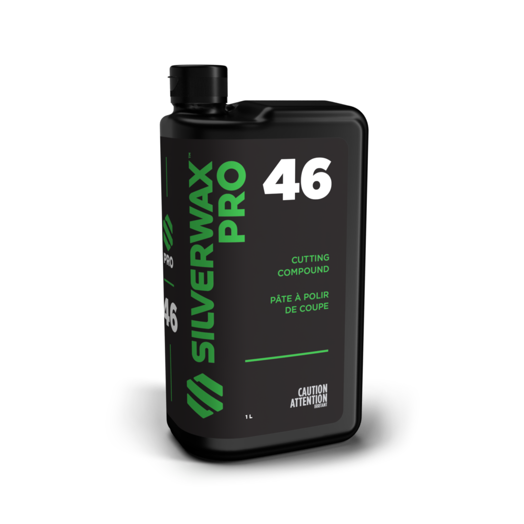 Flacon 1L Silverwax Pro 46, étiquette verte/blanche, consignes sécurité, nettoyage auto, bilingue anglais/français.