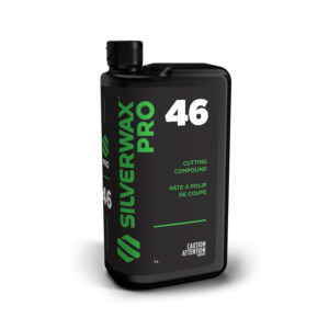 Flacon 1L Silverwax Pro 46, étiquette verte/blanche, consignes sécurité, nettoyage auto, bilingue anglais/français.