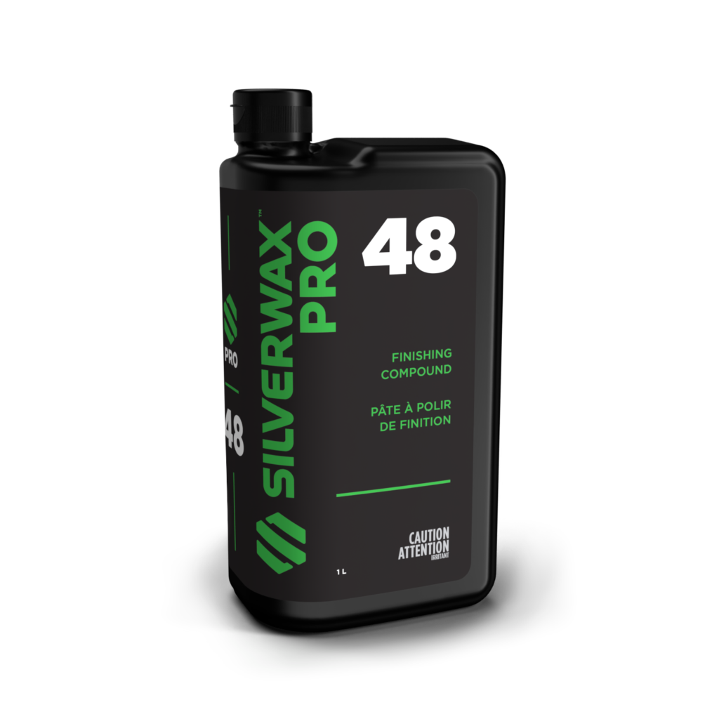 Bouteille 1L Silverwax Pro 48, finition auto, emballage noir à texte vert/blanc, entretien professionnel écologique.