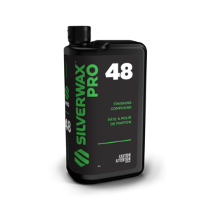Bouteille 1L Silverwax Pro 48, finition auto, emballage noir à texte vert/blanc, entretien professionnel écologique.