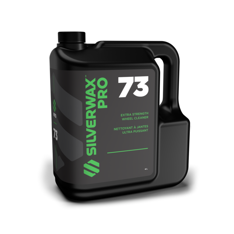 Bidon 4L Silverwax Pro 73 nettoyant jantes puissant, étiquette verte, pour entretien et nettoyage professionnel.