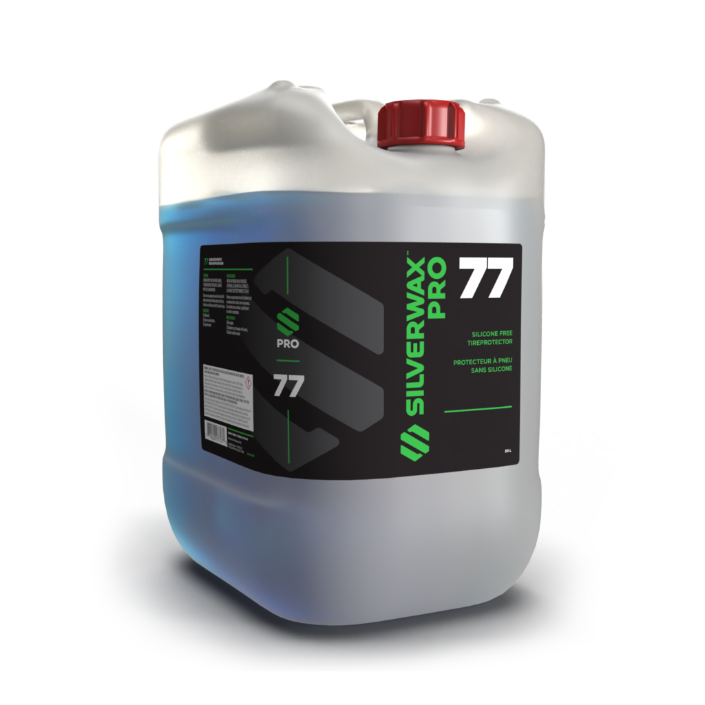 Bidon translucide 5L Silverwax PRO 77, liquide bleu détergent sans silicone, capuchon rouge, pour entretien sanitaire.