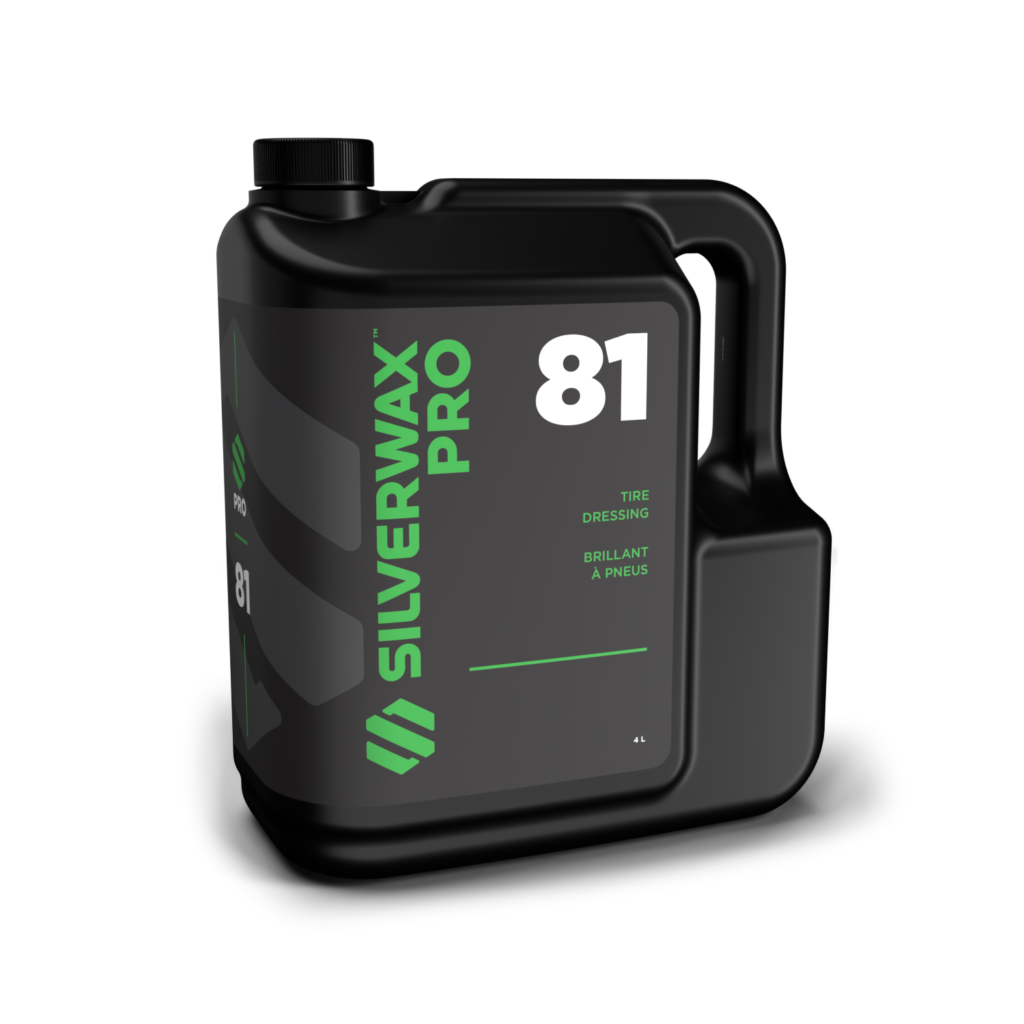 Bidon 4L Silverwax Pro 81 pour entretien pneus, poignée pratique, emballage écologique noir et étiquettes vert-blanc.