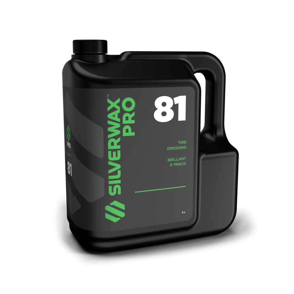 Bidon 4L Silverwax Pro 81 pour entretien pneus, poignée pratique, emballage écologique noir et étiquettes vert-blanc.