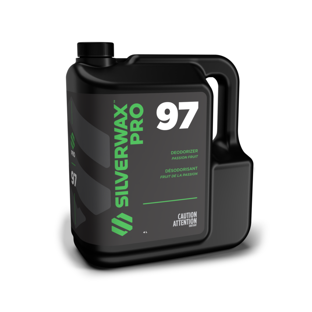 Bidon 4L SILVERWAX PRO 97 Désodorisant Passion, étiquette verte, entretien professionnel sanitaire.