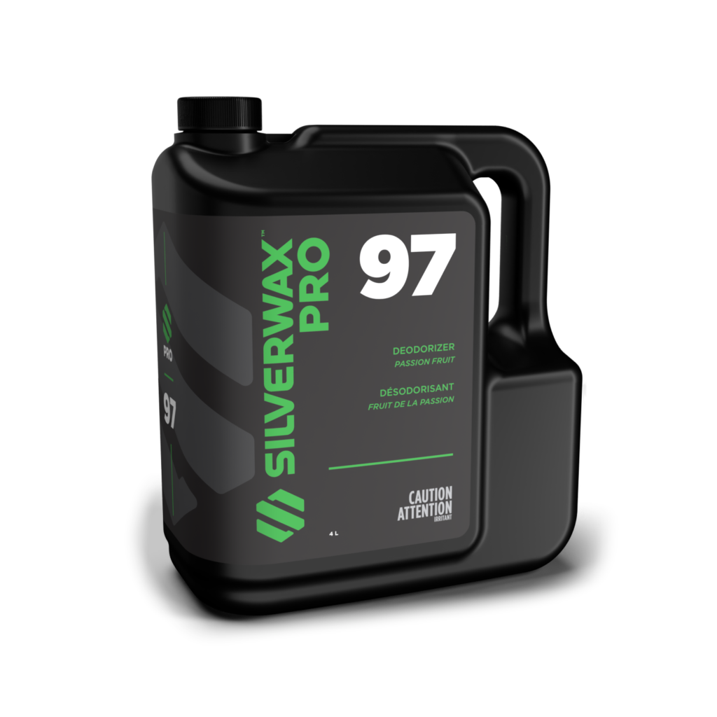 Bidon 4L SILVERWAX PRO 97 Désodorisant Passion, étiquette verte, entretien professionnel sanitaire.