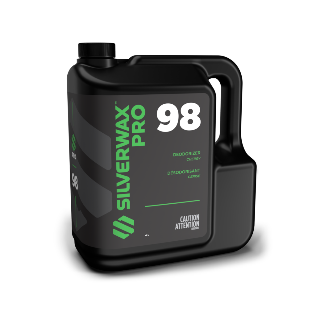Bidon 4L Silverwax Pro 98 cerise, désodorisant sanitaire, étiquette verte, entretien professionnel, bouchon vissé.