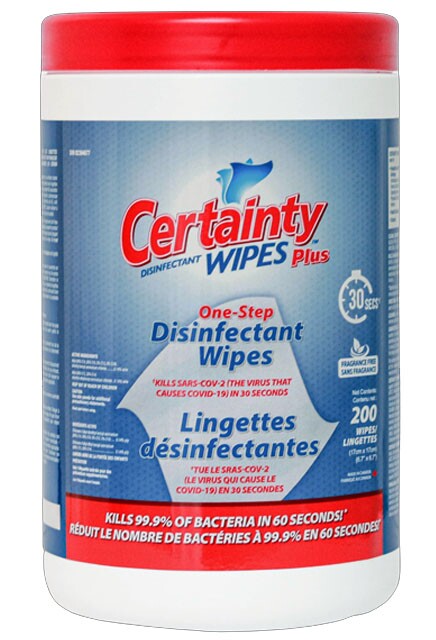 LINGETTES DESINFECTANTES EN CONTENANT CERTAINTY PLUS 200/POT